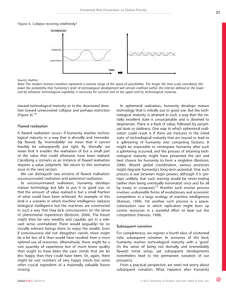 Figure 4. Collapse recurring indefinitely? 
maturity 
Existential Risk Prevention as Global Priority 
toward technological maturity or in the downward direc-tion 
toward unrecovered collapse and perhaps extinction 
(Figure 4).18 
Flawed realisation 
A flawed realisation occurs if humanity reaches techno-logical 
maturity in a way that is dismally and irremedia-bly 
flawed. By ‘irremediably’ we mean that it cannot 
feasibly be subsequently put right. By ‘dismally’ we 
mean that it enables the realisation of but a small part 
of the value that could otherwise have been realised. 
Classifying a scenario as an instance of flawed realisation 
requires a value judgment. We return to this normative 
issue in the next section. 
We can distinguish two versions of flawed realisation: 
unconsummated realisation and ephemeral realisation. 
In unconsummated realisation, humanity develops 
mature technology but fails to put it to good use, so 
that the amount of value realised is but a small fraction 
of what could have been achieved. An example of this 
kind is a scenario in which machine intelligence replaces 
biological intelligence but the machines are constructed 
in such a way that they lack consciousness (in the sense 
of phenomenal experience) (Bostrom, 2004). The future 
might then be very wealthy and capable, yet in a rele-vant 
sense uninhabited: There would (arguably) be no 
morally relevant beings there to enjoy the wealth. Even 
if consciousness did not altogether vanish, there might 
be a lot less of it than would have resulted from a more 
optimal use of resources. Alternatively, there might be a 
vast quantity of experience but of much lower quality 
than ought to have been the case: minds that are far 
less happy than they could have been. Or, again, there 
might be vast numbers of very happy minds but some 
other crucial ingredient of a maximally valuable future 
missing. 
In ephemeral realisation, humanity develops mature 
technology that is initially put to good use. But the tech-nological 
maturity is attained in such a way that the ini-tially 
excellent state is unsustainable and is doomed to 
degenerate. There is a flash of value, followed by perpet-ual 
dusk or darkness. One way in which ephemeral reali-sation 
could result is if there are fractures in the initial 
state of technological maturity that are bound to lead to 
a splintering of humanity into competing factions. It 
might be impossible to reintegrate humanity after such 
a splintering occurred, and the process of attaining tech-nological 
maturity might have presented the last and 
best chance for humanity to form a singleton (Bostrom, 
2006). Absent global coordination, various processes 
might degrade humanity’s long-term potential. One such 
process is war between major powers, although it is per-haps 
unlikely that such warring would be never-ending 
(rather than being eventually terminated once and for all 
by treaty or conquest).19 Another such erosive process 
involves undesirable forms of evolutionary and economic 
competition in a large ecology of machine intelligences 
(Hanson, 1994). Yet another such process is a space-colonisation 
race in which replicators might burn up 
cosmic resources in a wasteful effort to beat out the 
competition (Hanson, 1998). 
Subsequent ruination 
For completeness, we register a fourth class of existential 
risks: subsequent ruination. In scenarios of this kind, 
humanity reaches technological maturity with a ‘good’ 
(in the sense of being not dismally and irremediably 
flawed) initial setup, yet subsequent developments 
nonetheless lead to the permanent ruination of our 
prospects. 
From a practical perspective, we need not worry about 
subsequent ruination. What happens after humanity 
extinction 
TIME 
TECHNOLOGY 
Source: Author. 
Note: The modern human condition represents a narrow range of the space of possibilities. The longer the time scale considered, the 
lower the probability that humanity’s level of technological development will remain confined within the interval defined at the lower 
end by whatever technological capability is necessary for survival and at the upper end by technological maturity. 
21 
Global Policy (2013) 4:1 ª 2013 University of Durham and John Wiley & Sons, Ltd. 
 