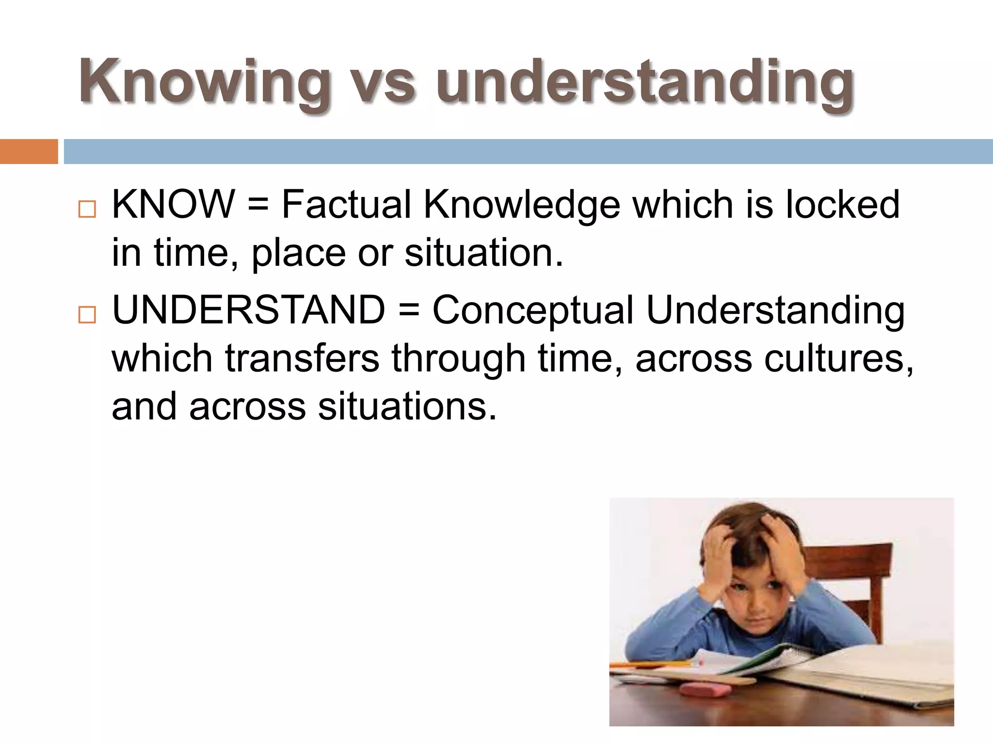 Knowing vs understanding
   KNOW = Factual Knowledge which is locked
    in time, place or situation.
   UNDERSTAND = Conceptual Understanding
    which transfers through time, across cultures,
    and across situations.
 
