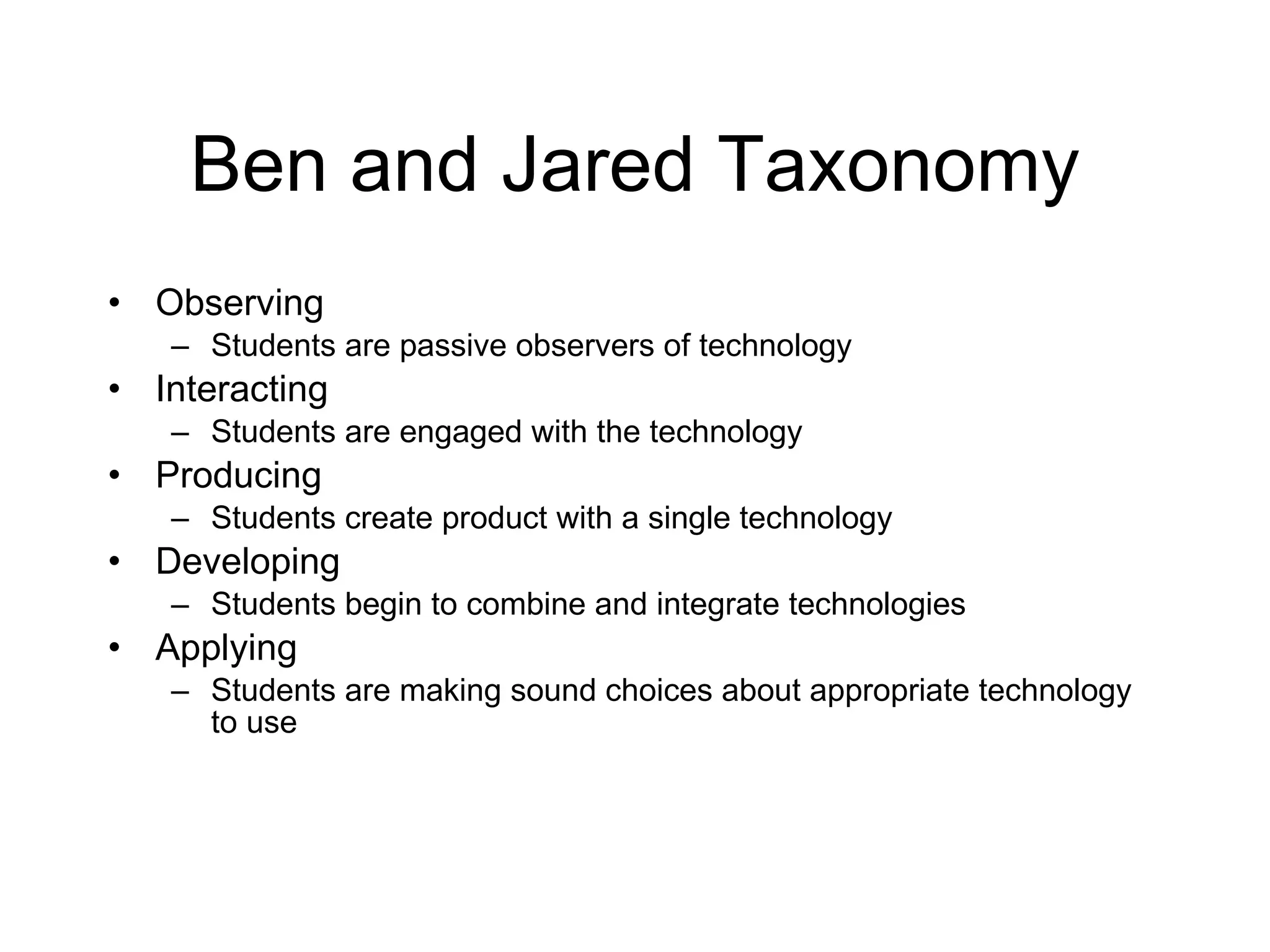 Ben and Jared Taxonomy Observing Students are passive observers of technology Interacting Students are engaged with the technology Producing Students create product with a single technology Developing Students begin to combine and integrate technologies Applying Students are making sound choices about appropriate technology to use 