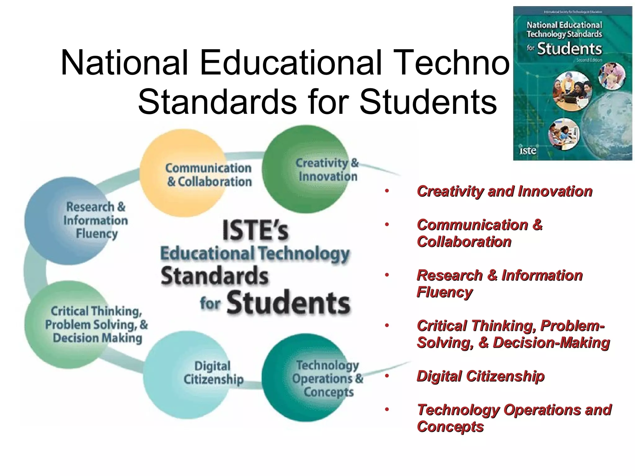 National Educational Technology Standards for Students Creativity and Innovation Communication & Collaboration Research & Information Fluency Critical Thinking, Problem-Solving, & Decision-Making Digital Citizenship Technology Operations and Concepts 