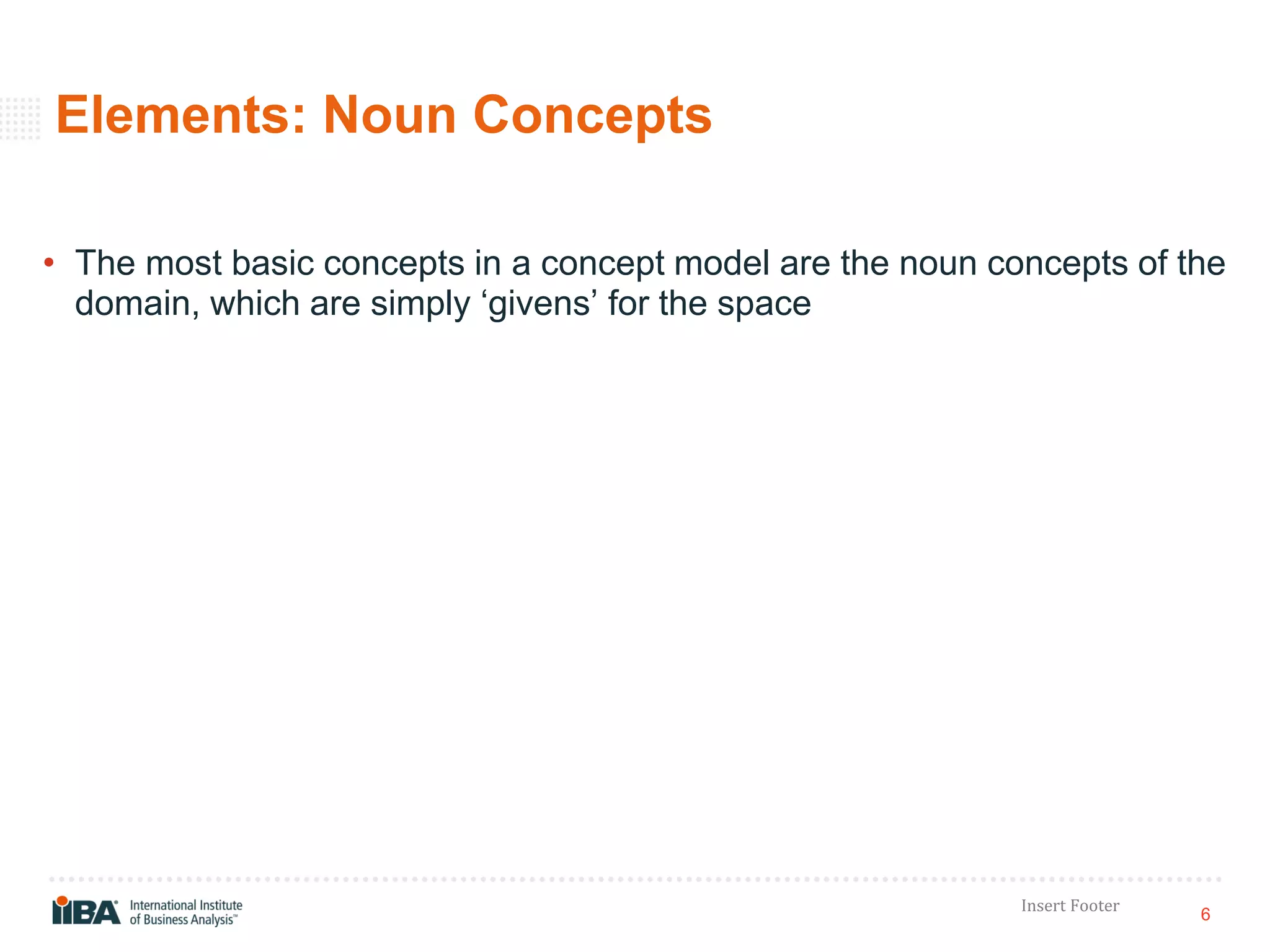 6
Insert Footer
Elements: Noun Concepts
• The most basic concepts in a concept model are the noun concepts of the
domain, which are simply ‘givens’ for the space
 