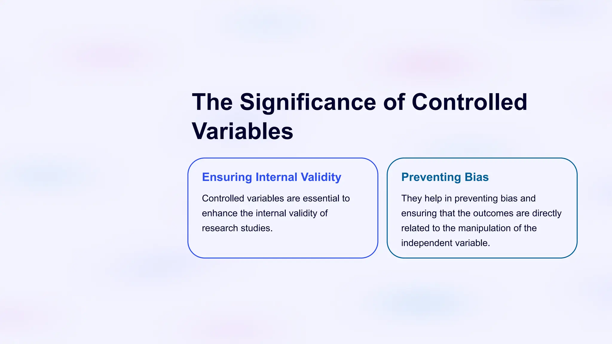 The Significance of Controlled
Variables
Ensuring Internal Validity
Controlled variables are essential to
enhance the internal validity of
research studies.
Preventing Bias
They help in preventing bias and
ensuring that the outcomes are directly
related to the manipulation of the
independent variable.
 