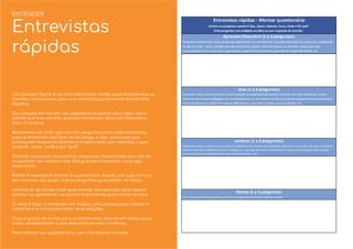 Um Concept Sprint é um ciclo bem curto, então para envolvermos os
clientes costumamos usar uma metodologia chamada Entrevistas
Rápidas.
Ela consiste em montar um questionário aberto para falar com o
cliente que foca em três grandes momentos: Aprender/Descobrir,
Usar e Lembrar.
Recomenda-se criar apenas três perguntas para cada momento,
para a entrevista não ﬁcar muito longa, e usar pronomes que
provoquem respostas abertas e longas como, por exemplo, o que,
quando, como, onde e por quê?
Também é possível acrescentar perguntas importantes que não se
enquadrem em nenhum dos três grandes momentos, caso seja
importante.
Porém é necessário manter o questionário enxuto, por que na hora
da conversa vão surgir outras perguntas que podem ser feitas.
Lembre-se de anotar tudo que chamar sua atenção para depois
elencar ou apresentar os pontos importantes para todos do time.
O ideal é fazer a entrevista em duplas, uma pessoa para manter a
conversa e o outra para fazer as anotações.
Caso o grupo se divida para as entrevistas, reserve um tempo para
todos apresentarem o que descobriram nas conversas.
Para montar seu questionário, use o formulário ao lado.
ENTENDER
Entrevistas
rápidas
 