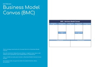 Outra entrega importante do Concept Sprint é o Business Model
Canvas.
Essa ferramenta é relevante para deixar o negócio mais claro e até
mesmo para apresentar para stakeholders e investidores.
Use o modelo ao lado para montar o Business Model Canvas do seu
projeto.
Os números são um guia da ordem do preenchimento dessa
ferramenta.
ENTREGAS
Business Model
Canvas (BMC)
 