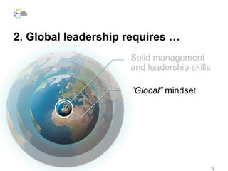 2. Global leadership requires …
12
Solid management
and leadership skills
”Glocal” mindset
 