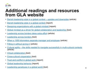 Additional readings and resources
from GLA website
• Danish leadership style in a global context – upsides and downsides (article)
• Danish leadership style in a global context (report)
• Designing organizations with a global mindset (report)
• Global mindset as a driver for global collaboration and leadership (tool)
• Leadership across borders takes extra effort (article)
• Leadership across borders (tool)
• When a 1000 kilometers separate manager and employee (article)
• Fitting in without giving in (article)
• Cultural agility – the skills needed to navigate successfully in multi-cultural contexts
(article)
• Virtual collaboration (tool)
• Cross-cultural cooperation (tool)
• Trust and conflict in global work (report)
• Global leadership behavior (report)
• Leadership paradoxes in a global world (tool) 32
 