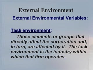 External Environment  External Environmental Variables: Task environment : Those elements or groups that directly affect the corporation and, in turn, are affected by it.  The task environment is the industry within which that firm operates . 