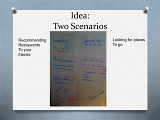 Idea:Two ScenariosLooking for placesTo goRecommendingRestaurantsTo your friends
