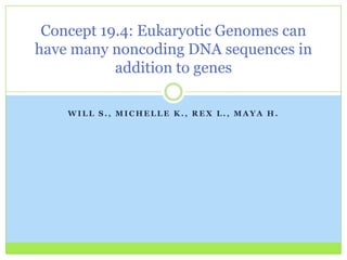 Concept 19.4: Eukaryotic Genomes can
have many noncoding DNA sequences in
           addition to genes

    WILL S., MICHELLE K., REX L., MAYA H.
 