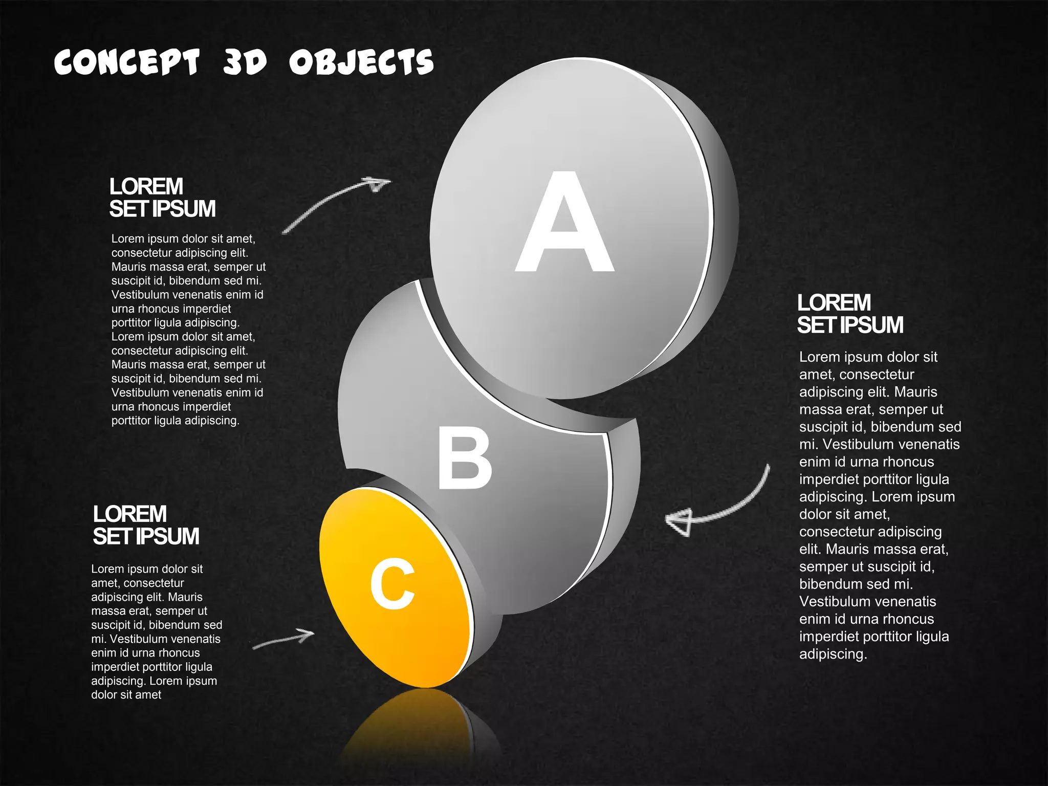 Concept 3D Objects
LOREM
SETIPSUM
Lorem ipsum dolor sit
amet, consectetur
adipiscing elit. Mauris
massa erat, semper ut
suscipit id, bibendum sed
mi. Vestibulum venenatis
enim id urna rhoncus
imperdiet porttitor ligula
adipiscing. Lorem ipsum
dolor sit amet,
consectetur adipiscing
elit. Mauris massa erat,
semper ut suscipit id,
bibendum sed mi.
Vestibulum venenatis
enim id urna rhoncus
imperdiet porttitor ligula
adipiscing.
LOREM
SETIPSUM
Lorem ipsum dolor sit
amet, consectetur
adipiscing elit. Mauris
massa erat, semper ut
suscipit id, bibendum sed
mi. Vestibulum venenatis
enim id urna rhoncus
imperdiet porttitor ligula
adipiscing. Lorem ipsum
dolor sit amet
LOREM
SETIPSUM
Lorem ipsum dolor sit amet,
consectetur adipiscing elit.
Mauris massa erat, semper ut
suscipit id, bibendum sed mi.
Vestibulum venenatis enim id
urna rhoncus imperdiet
porttitor ligula adipiscing.
Lorem ipsum dolor sit amet,
consectetur adipiscing elit.
Mauris massa erat, semper ut
suscipit id, bibendum sed mi.
Vestibulum venenatis enim id
urna rhoncus imperdiet
porttitor ligula adipiscing.
C
B
A
 