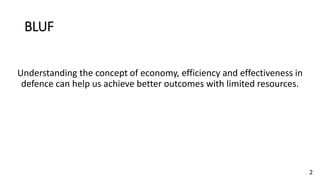 BLUF
Understanding the concept of economy, efficiency and effectiveness in
defence can help us achieve better outcomes with limited resources.
2
 