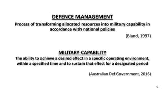 DEFENCE MANAGEMENT
Process of transforming allocated resources into military capability in
accordance with national policies
(Bland, 1997)
MILITARY CAPABILITY
The ability to achieve a desired effect in a specific operating environment,
within a specified time and to sustain that effect for a designated period
(Australian Def Government, 2016)
5
 