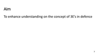 To enhance understanding on the concept of 3E’s in defence
Aim
7
 