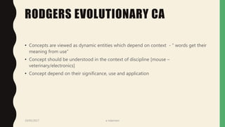 RODGERS EVOLUTIONARY CA
• Concepts are viewed as dynamic entities which depend on context - “ words get their
meaning from use”
• Concept should be understood in the context of discipline [mouse –
veterinary/electronics]
• Concept depend on their significance, use and application
19/05/2017 a ndaimani
 