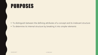 PURPOSES
• To distinguish between the defining attributes of a concept and its irrelevant structure
• To determine its internal structure by breaking it into simpler elements
19/05/2017 a ndaimani
 