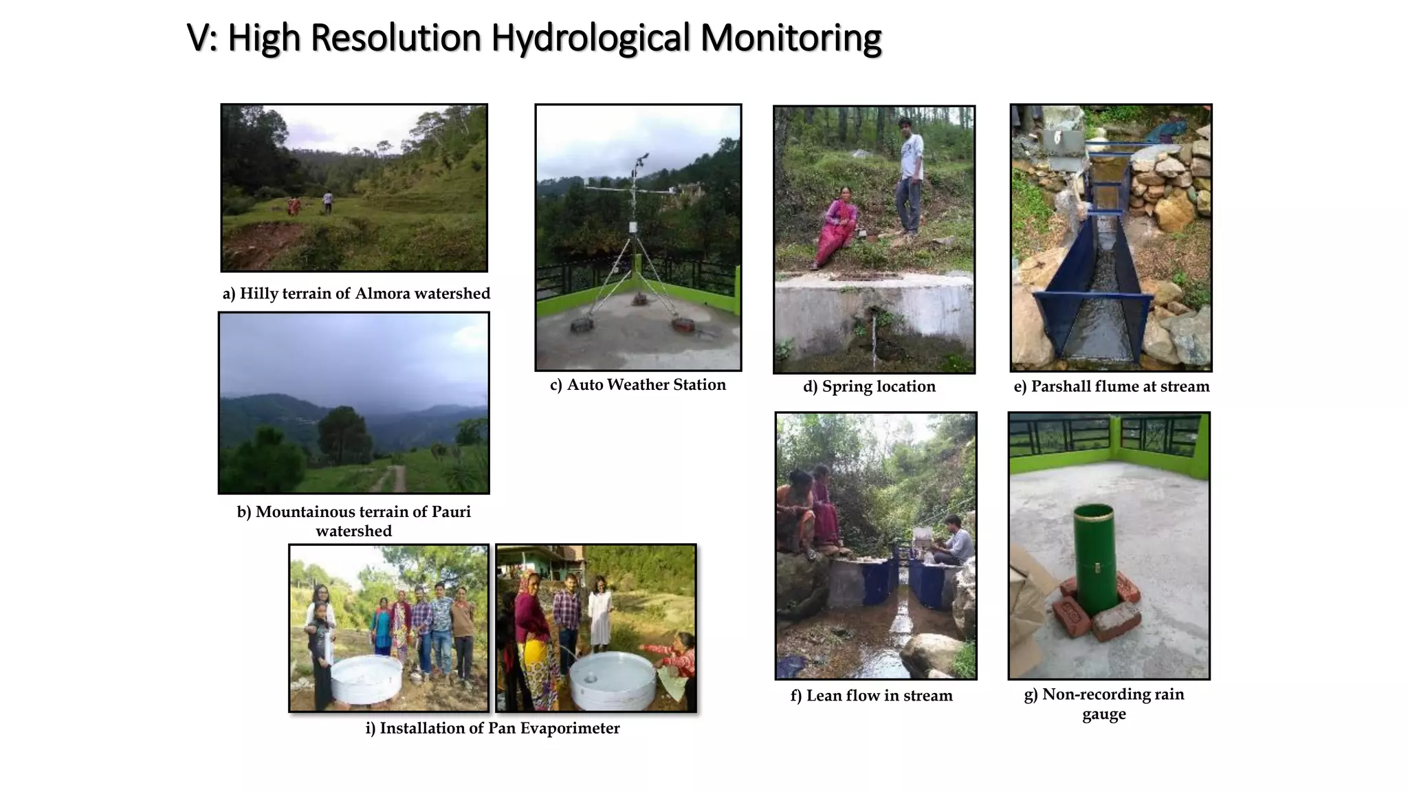 V: High Resolution Hydrological Monitoring
a) Hilly terrain of Almora watershed
c) Auto Weather Station d) Spring location e) Parshall flume at stream
f) Lean flow in stream g) Non-recording rain
gauge
i) Installation of Pan Evaporimeter
b) Mountainous terrain of Pauri
watershed
 