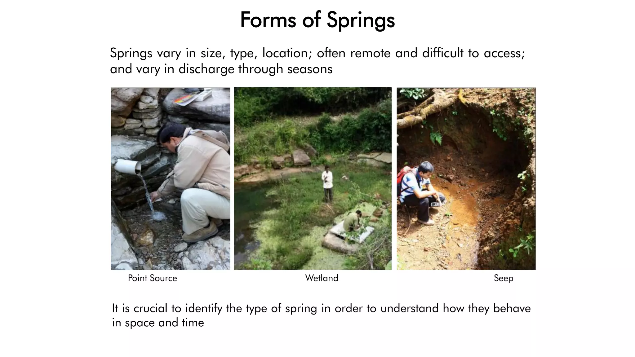 Forms of Springs
Point Source Wetland Seep
Springs vary in size, type, location; often remote and difficult to access;
and vary in discharge through seasons
It is crucial to identify the type of spring in order to understand how they behave
in space and time
 