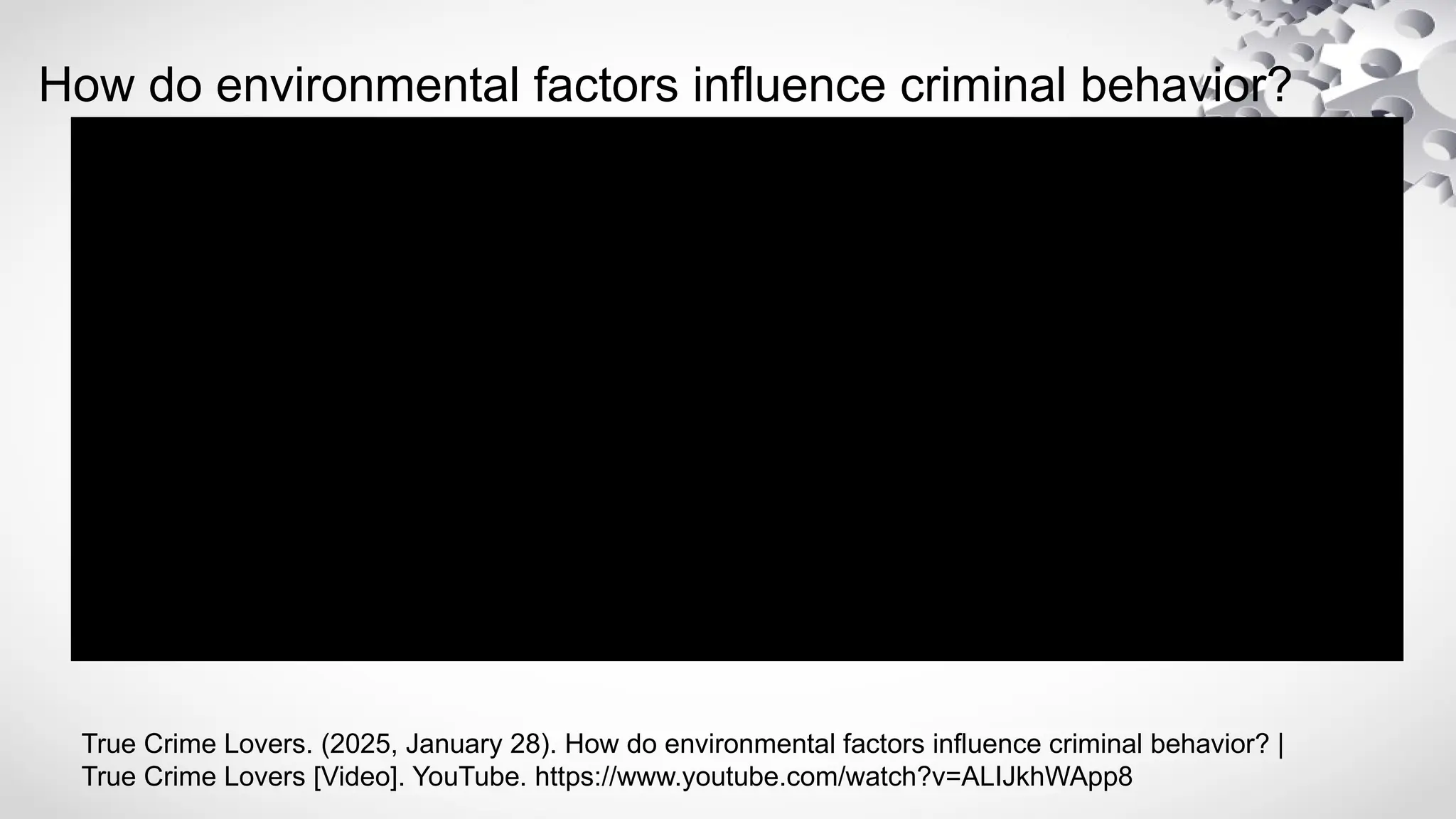 How do environmental factors influence criminal behavior?
True Crime Lovers. (2025, January 28). How do environmental factors influence criminal behavior? |
True Crime Lovers [Video]. YouTube. https://www.youtube.com/watch?v=ALIJkhWApp8
 