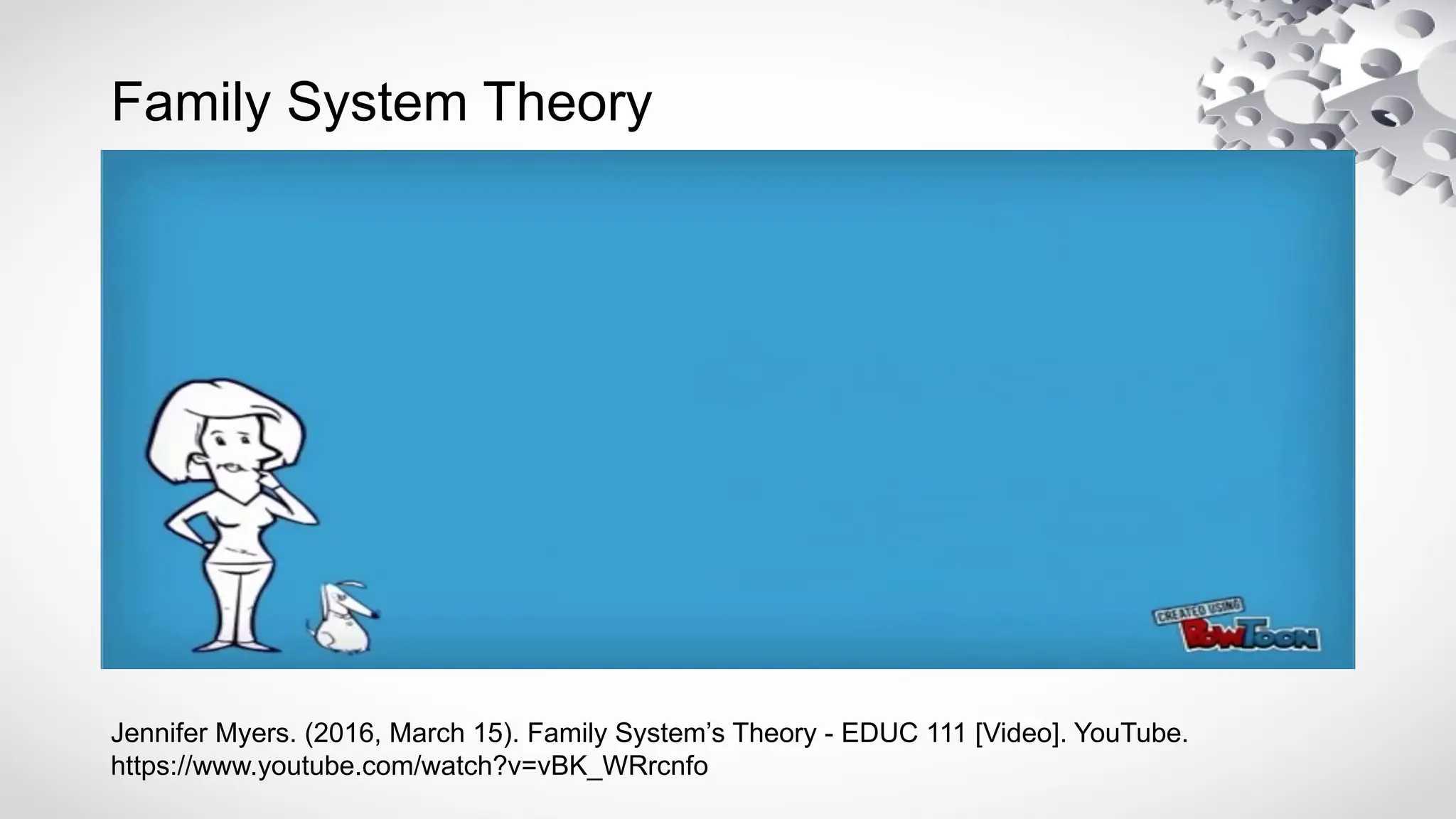 Family System Theory
Jennifer Myers. (2016, March 15). Family System’s Theory - EDUC 111 [Video]. YouTube.
https://www.youtube.com/watch?v=vBK_WRrcnfo
 