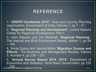 1. “URDPFI Guidelines 2015”, Town and Country Planning
organisation, Government of India, Volume 1, pp 7 – 9.”
2. “Regional Planning and Development”, United Nations
Center for Regional Development, Part 1.
3. John Glasson and Tim Marshall, “Regional Planning”,
The Natural and Built Environment Series, edition 1, pp 64
– 106.
4. Smita Dubey and Varsha Millah,“Migration Causes and
Effects”, The Business and Management Review, Volume
5, Number 4, pp 228 – 231.
5. “Annual Survey Report 2014 -2015”, Department of
Economics and Statistics, Tamil Nadu Government, pp 235
– 269. 17/15Concept and Need for Regional Planning
 