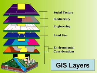 SocialSocial FactorsFactors
BiodiversityBiodiversity
EngineeringEngineering
Land UseLand Use
EnvironmentalEnvironmental
ConsiderationsConsiderations
GIS Layers
 