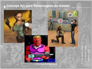 Concept Art para Personagens de Games Técnica Caricatural Tomb Raider (1996) Duke Nuuken (1996) The Sims (2000) 