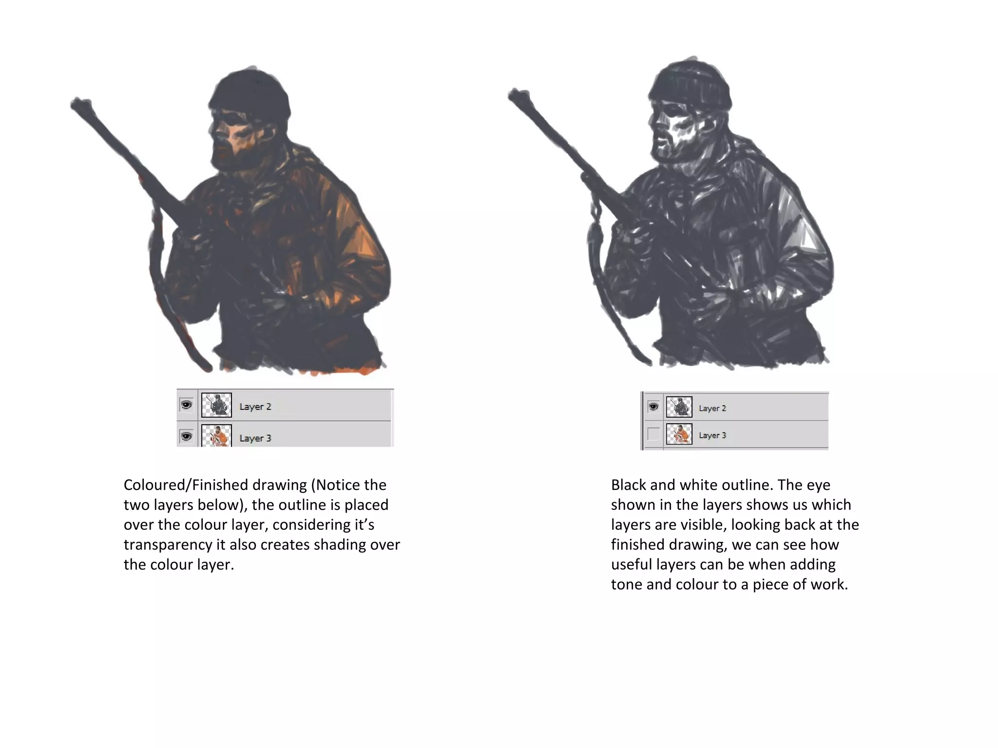 Coloured/Finished drawing (Notice the
two layers below), the outline is placed
over the colour layer, considering it’s
transparency it also creates shading over
the colour layer.

Black and white outline. The eye
shown in the layers shows us which
layers are visible, looking back at the
finished drawing, we can see how
useful layers can be when adding
tone and colour to a piece of work.

 