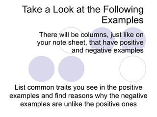 Take a Look at the Following Examples There will be columns, just like on your note sheet, that have positive and negative examples List common traits you see in the positive examples and find reasons why the negative examples are unlike the positive ones 