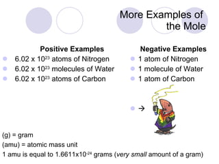 More Examples of  the Mole Positive Examples 6.02 x 10 23  atoms of Nitrogen  6.02 x 10 23  molecules of Water 6.02 x 10 23  atoms of Carbon Negative Examples 1 atom of Nitrogen 1 molecule of Water 1 atom of Carbon  (g) = gram (amu) = atomic mass unit 1 amu is equal to 1.6611x10 -24  grams ( very small  amount of a gram) 