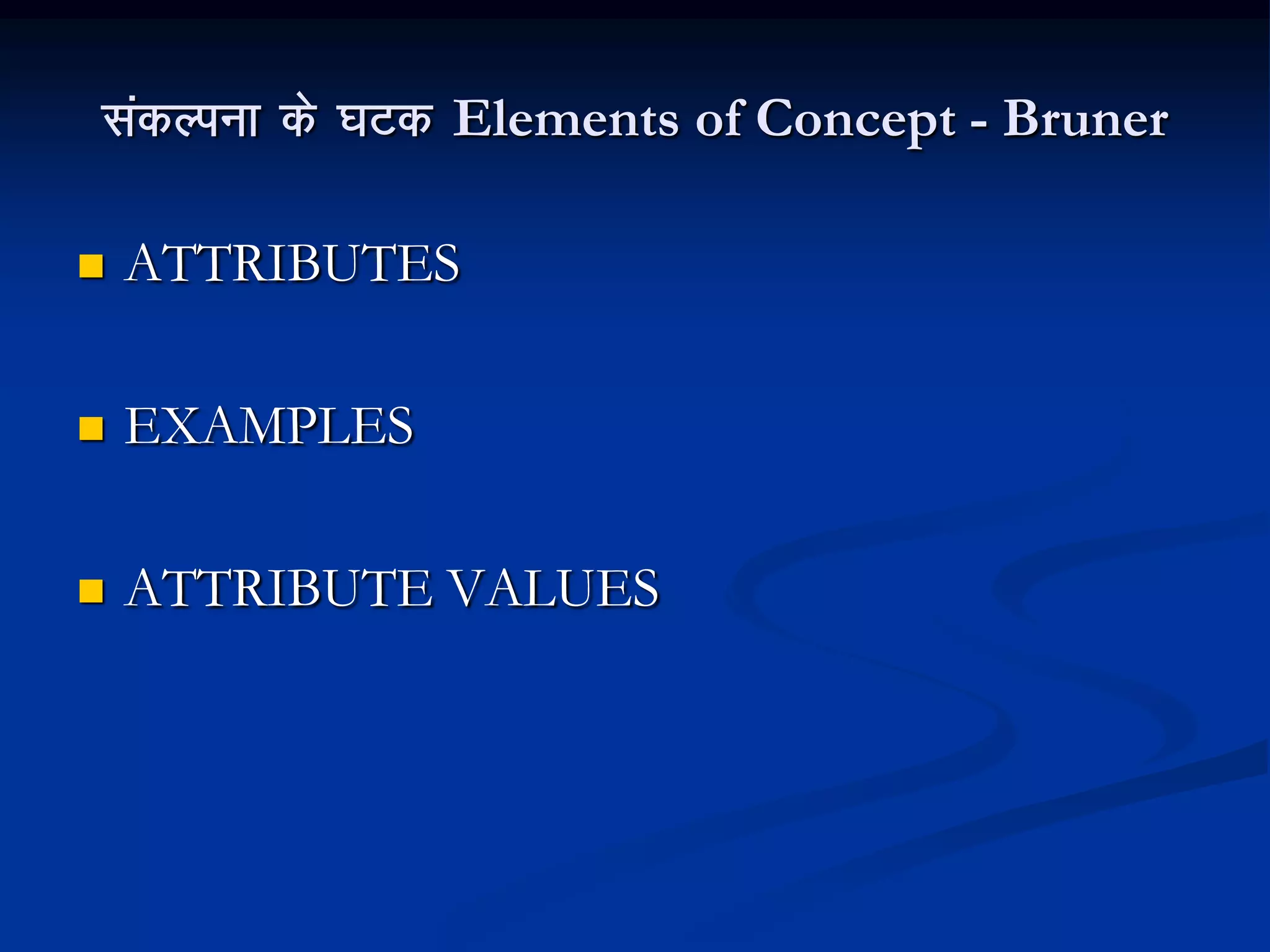 ladYiuk ds ?kVd Elements of Concept - Bruner
 ATTRIBUTES
 EXAMPLES
 ATTRIBUTE VALUES
 