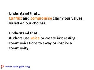 Understand that…
Conflict and compromise clarify our values
based on our choices.
Understand that…
Authors use voice to cr...