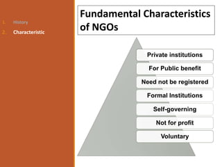 Private institutions
For Public benefit
Need not be registered
Formal Institutions
Self-governing
Not for profit
Voluntary
Fundamental Characteristics
of NGOs
1. History
2. Characteristic