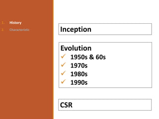 1. History
2. Characteristic Inception
Evolution
1950s & 60s
1970s
1980s
1990s
CSR