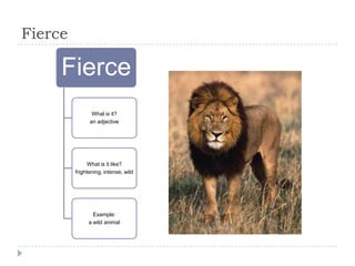Fierce

     Fierce
                What is it?
               an adjective




               What is it like?
         frightening, intense, wild




                Example:
              a wild animal
 