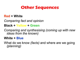 Other Sequences Red  + White Comparing fact and opinion Black +  Yellow  +  Green Comparing and synthesising (coming up with new ideas from the known) White +  Blue What do we know  (facts)  and where are we going  (planning) 