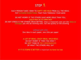 STEP  1 : EACH PERSON TAKES 10MIN TO  EMPTY HER HEAD  FROM ALL THE IDEAS. PUT  IN PAPER EVERYTHING  THAT PASS THROUGH YOUR MIND  DO NOT WORRY IF THE OTHERS HAVE MORE IDEAS THAN YOU, EACH WAY IN ITS OWN WAY DO NOT STRESS IS THE OTHERS DRAW BETTER, what is important now are the  ideas or concepts  you will be working with, not the quality of the drawing without self critic One idea in each paper, one title per paper DO NOT WRITE A LOT A LOT OF IDEAS, CRAZY IDEAS, WILD IDEAS DO NOT WORRY IF THEN YOU WON T DO  NOT  THINK IN  THE CONSEQUENCES OR WHAT THE OTHERS WILL SAY IF IT IS STUPID IS BETTER  is important  to have fun too 