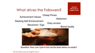 Alcohol 
Discovery & 
Insights Forum 
What drives the Followers? 
Achievement Values 
Cheap Prices 
Seeking Self Enhancement 
Mavenism / Ego 
Alcohol Discovery & Insights Forum 
Hedonism 
Easy access 
Brand loyalty 
Question: How can I join in but not be lead astray so easily? 
 