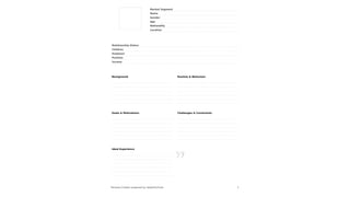 Market Segment 
Name 
Gender 
Age 
Nationality 
Location 
Relationship Status 
Children 
Employer 
Position 
Income 
Background Routine & Behaviour 
Goals & Motivations Challenges & Constraints 
Ideal Experience 
Persona Creator powered by UsabilityTools 1 
 