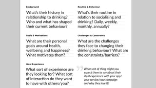 What’s their history in 
rela1onship to drinking? 
Who and what has shaped 
their current behaviour? 
What’s their rou1ne in 
rela1on to socialising and 
drinking? Daily, weekly, 
monthly, annually? 
What are their personal 
goals around health, 
wellbeing and happiness? 
What mo1vates them? 
What are the challenges 
they face to changing their 
drinking behaviour? What are 
the constraints/barriers? 
What sort of experience are 
they looking for? What sort 
of interac1on do they want 
to have with others/you? 
What sort of thing might you 
expect them to say about their 
ideal experience with your app/ 
your service/your campaign 
and why they love it? 
 