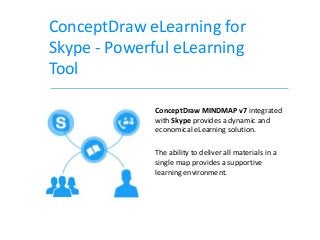 ConceptDraw eLearning for
Skype - Powerful eLearning
Tool

              ConceptDraw MINDMAP v7 integrated
              with Skype provides a dynamic and
              economical eLearning solution.

              The ability to deliver all materials in a
              single map provides a supportive
              learning environment.
 