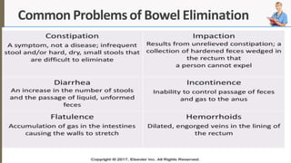 Common Problemsof Bowel Elimination
BOWELELIMINATION
flatulence (or gas accumulation):
Constipation:
Impaction
Diarrhea
Fecal incontinence
Bowel diversions
 
