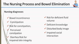 The Nursing Processand Bowel Elimination
Nursing diagnoses
 Bowelincontinence
 Constipation
 Riskforconstipation,
 Perceived
constipation
 Diarrhea Riskfor
impaired skin integrity
Risk for deficientfluid
volume
 Deficient knowledge
 Disturbed body image
 Impaired social
interaction
 