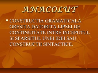 ANACOLUT


CONSTRUCTIA GRAMATICALA
GRESITA DATORITA LIPSEI DE
CONTINUITATE INTRE INCEPUTUL
SI SFARSITUL UNEI IDEI SAU
CONSTRUCTII SINTACTICE.

 