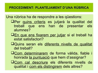 PROCEDIMENT: PLANTEJAMENT D’UNA RÚBRICA

Una rúbrica ha de respondre a les qüestions:
  Per quins criteris es jutjarà la qualitat del
    treball que ens han de presentar els
    alumnes?
  En que ens fixarem per jutjar si el treball ha
    estat satisfactori?
  Quins seran els diferents nivells de qualitat
    del treball?
  Com determinarem de forma vàlida, fiable i
    honrada la puntuació que hem d’assignar?
  Com cal descriure els diferents nivells de
    qualitat i com els distingirem dels altres?
 