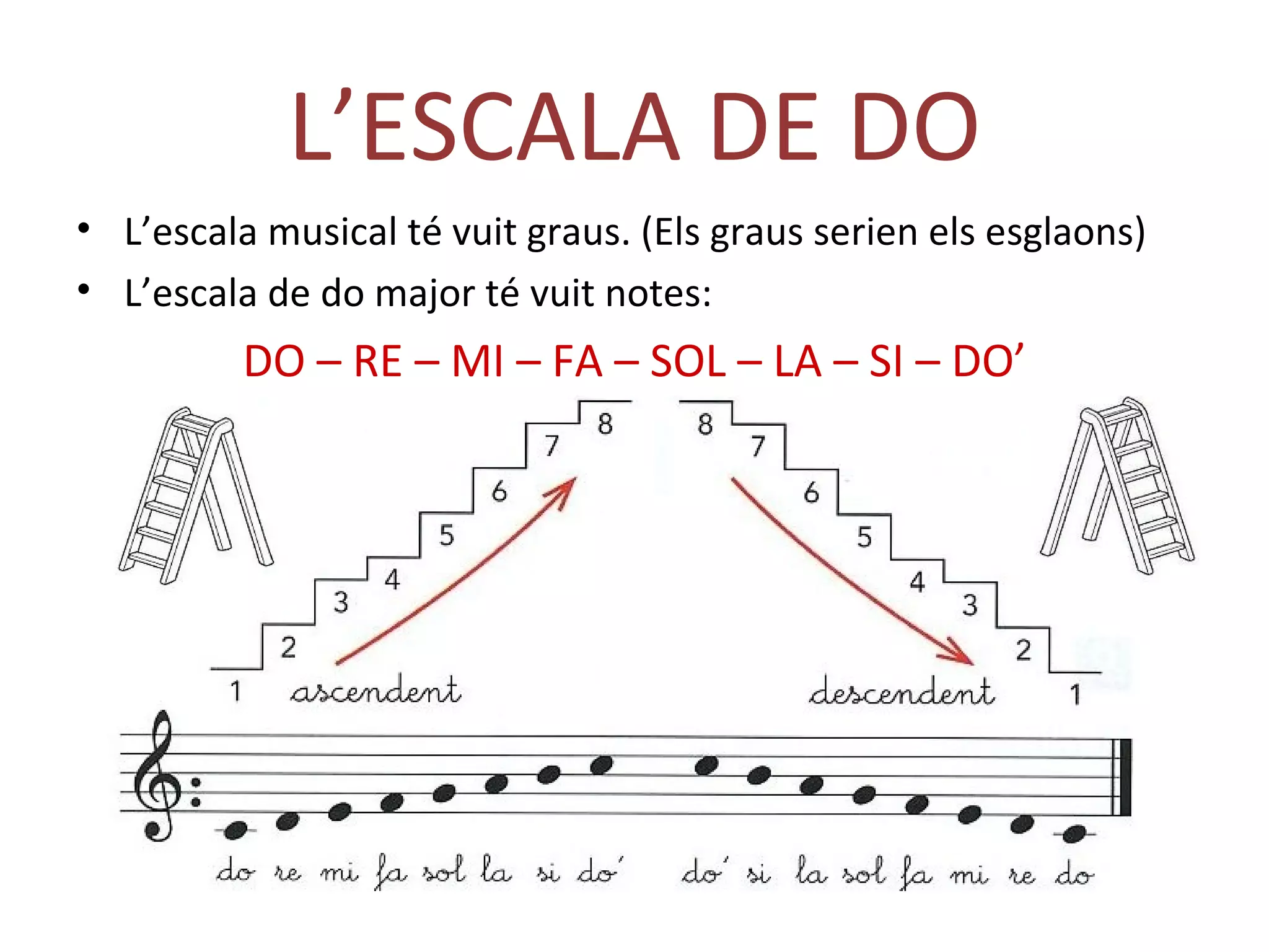L’ESCALA DE DO
• L’escala musical té vuit graus. (Els graus serien els esglaons)
• L’escala de do major té vuit notes:
          DO – RE – MI – FA – SOL – LA – SI – DO’
 