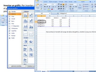 Insertar un gràfic: Per insertar un gràfic, hem d’anar al menú “Insertar”, clicar a “gràfic”, triar
el gràfic que volem i clicar a “Aceptar”. Després se’ns obrirà un Excel, i allà és on hem de
posar totes les dades del gràfic.
 