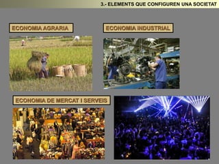 3.- ELEMENTS QUE CONFIGUREN UNA SOCIETAT 
ECONOMIA AGRARIA ECONOMIA iNDUSTRIAL 
ECONOMIA DE MERCAT I SERVEIS 
 