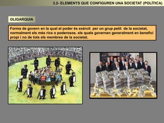 OLIGARQUIA 
3.2- ELEMENTS QUE CONFIGUREN UNA SOCIETAT (POLÍTICA) 
Forma de govern en la qual el poder és exèrcit per un grup petit de la societat, 
normalment els més rics o poderosos. els quals governen generalment en benefici 
propi i no de tots els membres de la societat. 
 