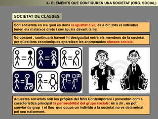 3.- ELEMENTS QUE CONFIGUREN UNA SOCIETAT (ORG. SOCIAL) 
SOCIETAT DE CLASSES 
Són societats en les qual és dona la igualtat civil, és a dir, tots el individus 
tenen els mateixos drets i són iguals davant la llei. 
No obstant , continuarà havent-hi desigualtat entre els membres de la societat 
per qüestions econòmiques apareixen les anomenades classes socials. 
Aquestes societats són les pròpies del Món Contemporani i presenten com a 
característica principal la permeabilitat del grups socials: és a dir , es pot 
canviar de grup i el lloc que ocupa un individu a la societat no ve determinat 
pel seu naixement. 
 