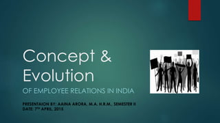 Concept &
Evolution
OF EMPLOYEE RELATIONS IN INDIA
PRESENTAION BY: AAINA ARORA, M.A. H.R.M., SEMESTER II
DATE: 7TH APRIL, 2015
 